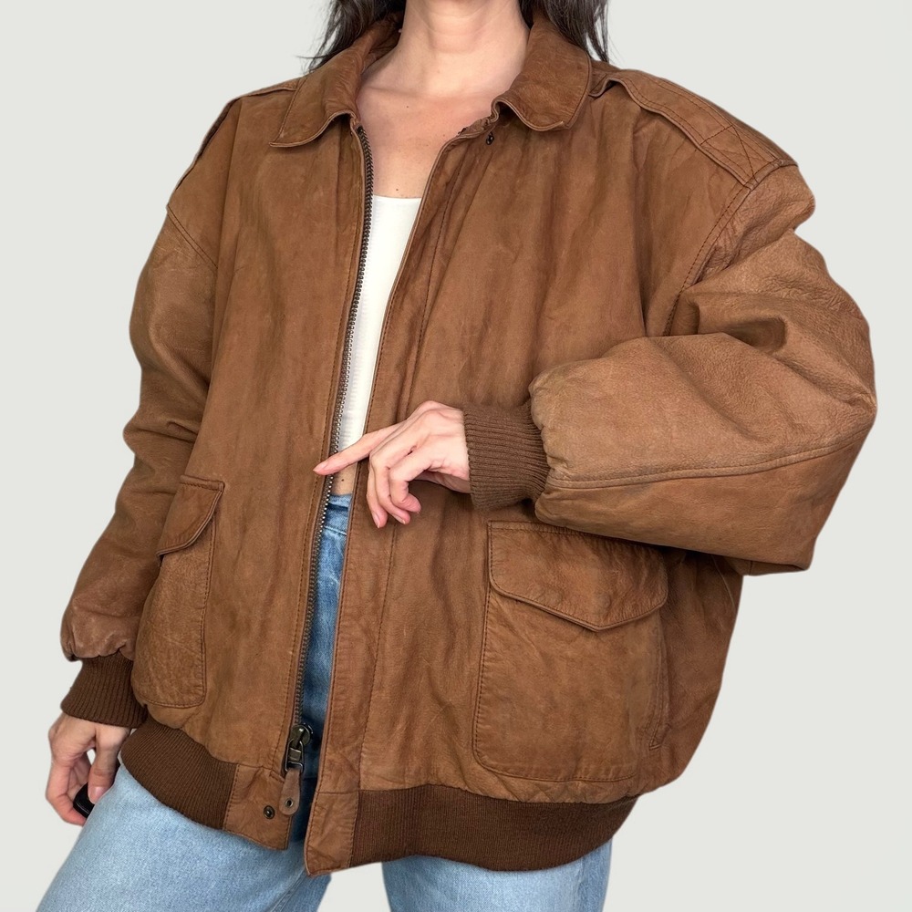 Vintage 90s Brown Suede Leather Bomber Jacket Coat oversized plus size 26 28 3X‎